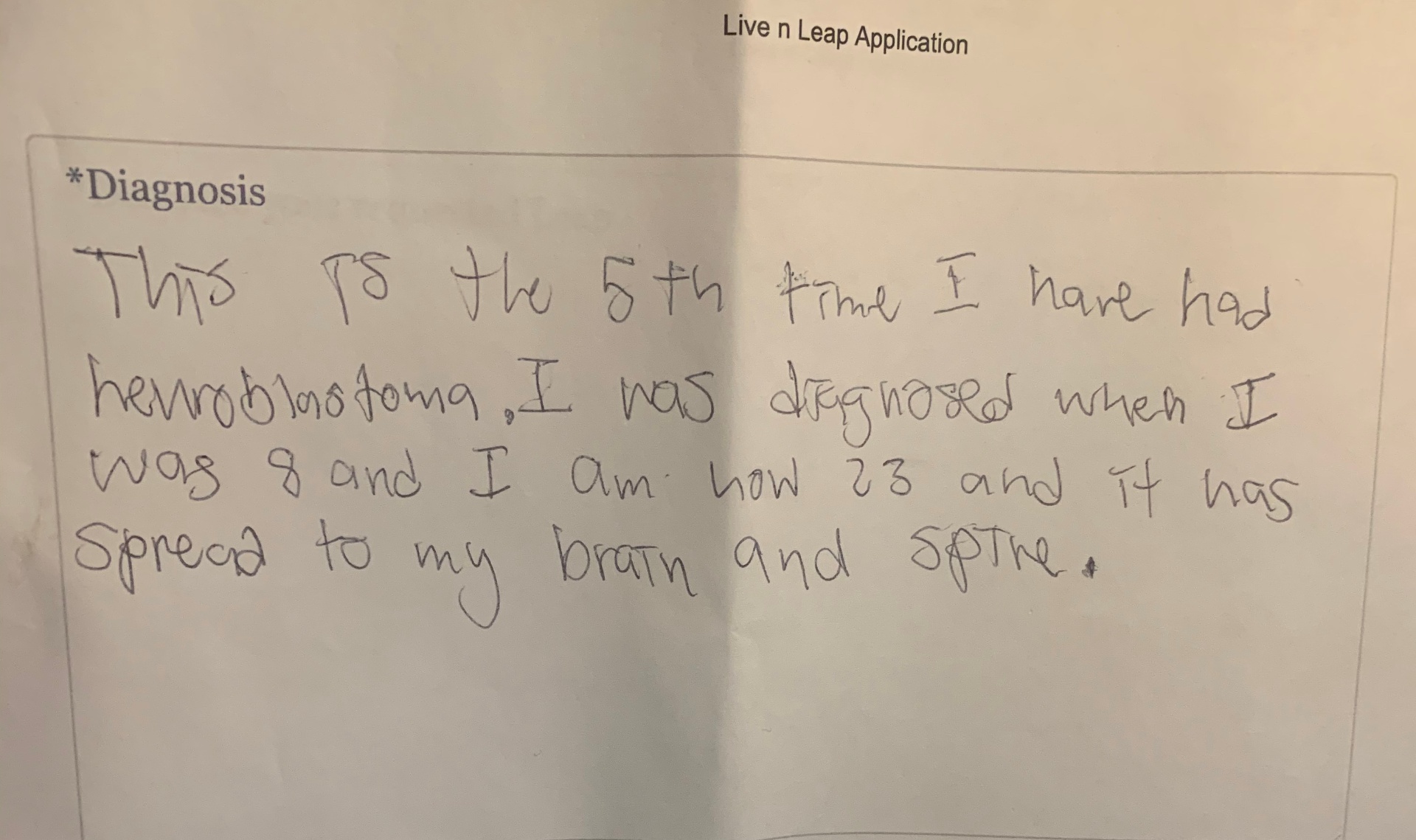 A handwritten note by Qevonte describing his diagnosis